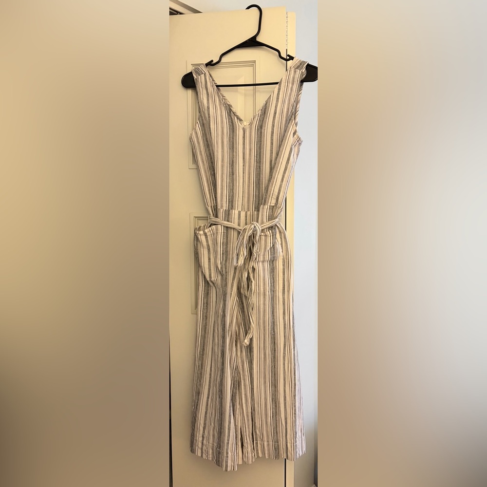 Sleeveless Blue and White Striped V-Neck Belted Jumpsuit